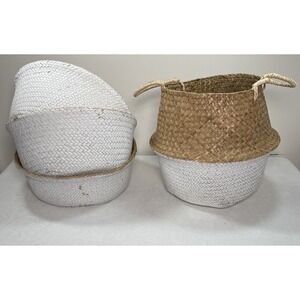 Woven Wicker Seagrass Belly Plant Basket  Tan/White Indoor Outdoor Storage New
